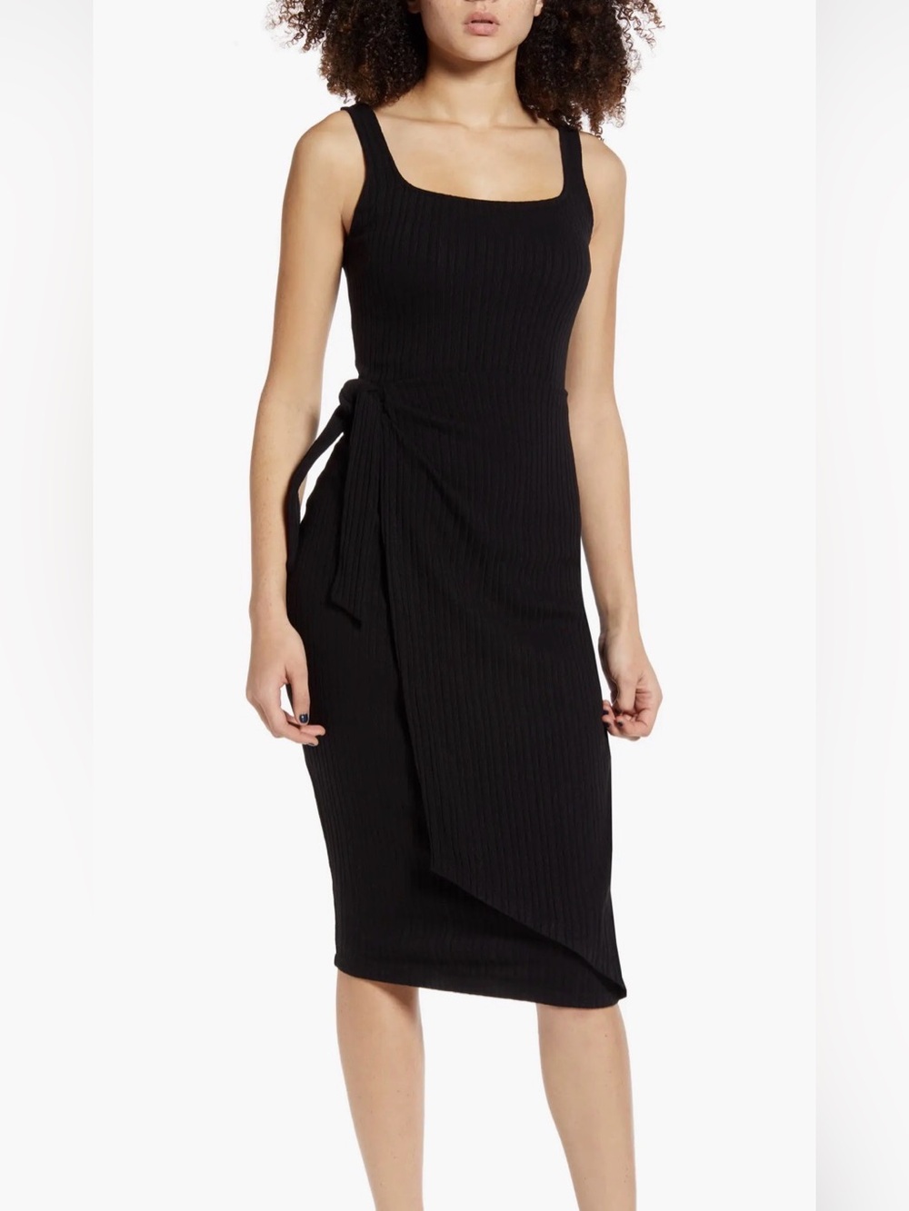 Black Ribbed Tie-Waist Dress
